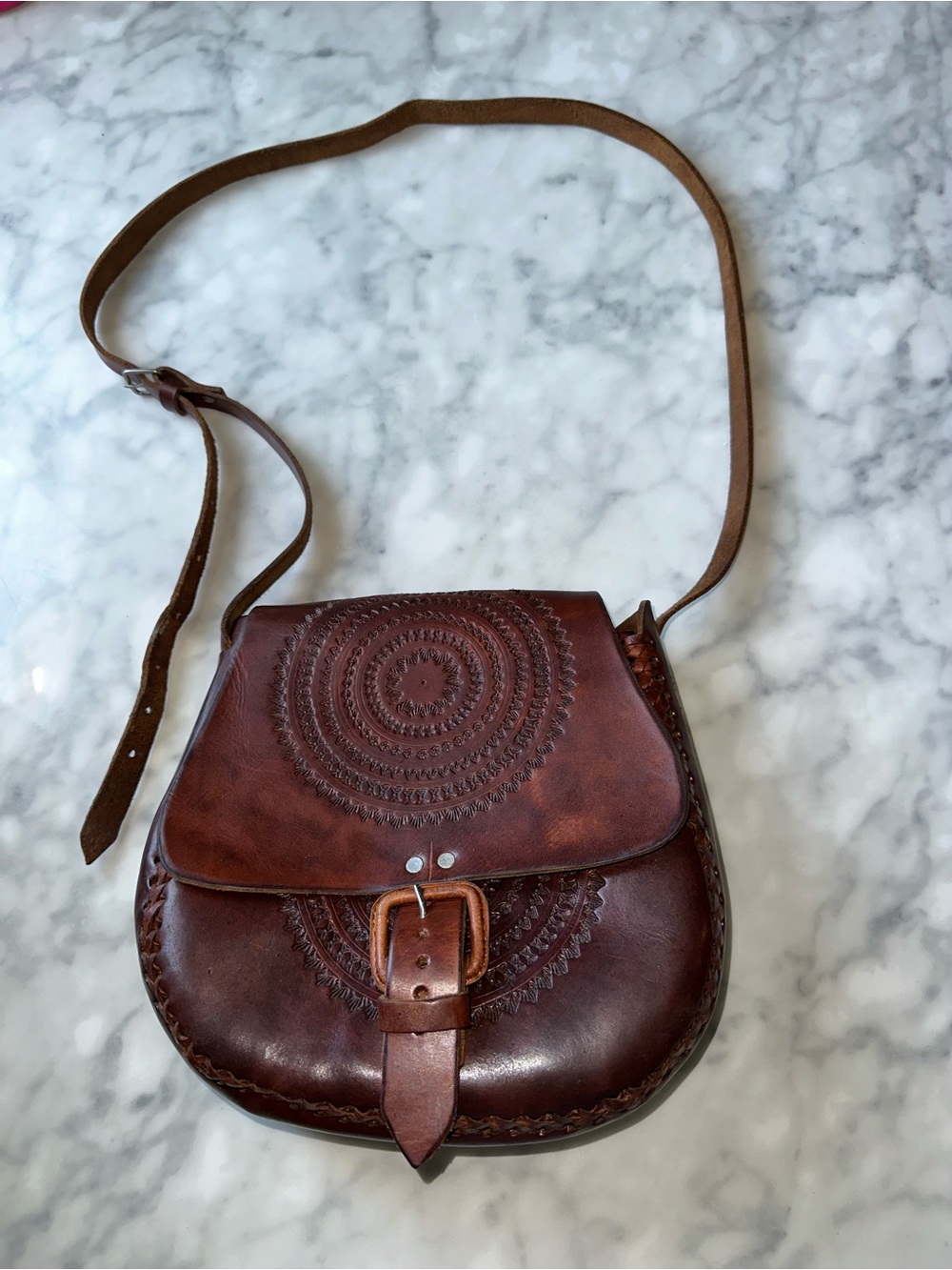 Hand tooled Brown Leather Embossed Crossbody Bag